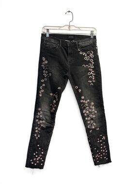 DRIFTWOOD Black Skinny Jeans with Pink Floral Embroidery